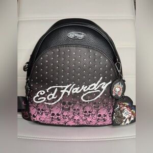 BRAND NEW Ed Hardy rhinestone purple skull mini backpack
